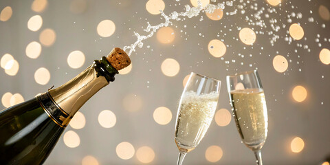 Champagne bottle and glasses with gold liquid pouring for a festive celebration