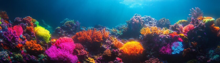 Naklejka premium Vibrant coral reef ecosystem underwater world nature photography aquatic environment wide-angle view marine conservation