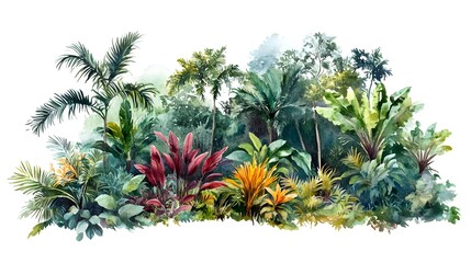Lush Tropical Jungle Scene with Colorful Foliage, Exotic Plants, and Vibrant Greenery Perfect for Nature Illustrations and Botanical Art