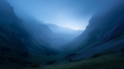 Obraz premium Mysterious foggy landscape mountain valley nature photography serene environment wide-angle view tranquil atmosphere