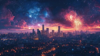 Fototapeta premium Futuristic skyline at night with vibrant, colorful fireworks lighting up the sky. A dynamic, celebratory scene perfect for modern concepts and designs.