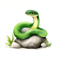 Fototapeta premium Watercolor Snake Zodiac Concept with Earth Element for Chinese New Year. Green snake resting on a rock surrounded by leaves