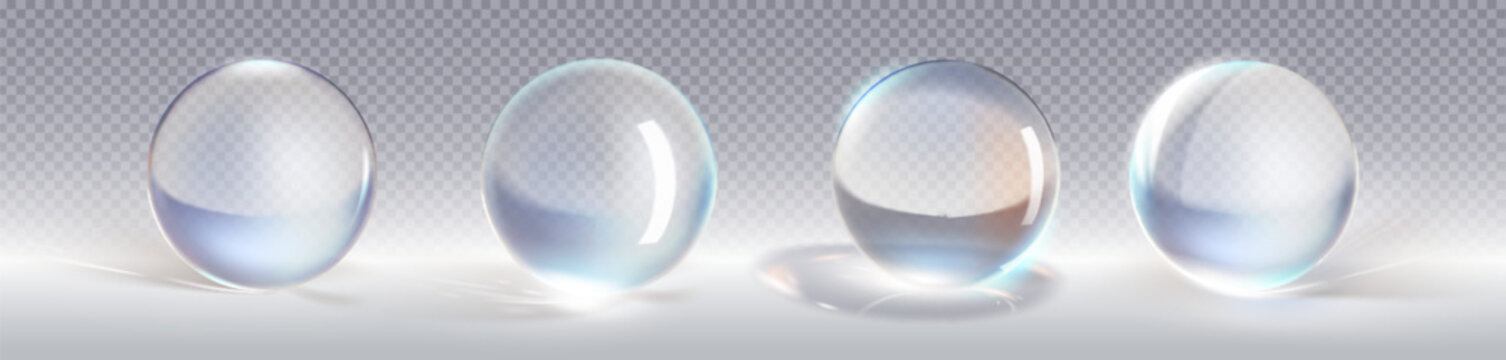 3d glass ball. Water sphere transparent vector. Clear crystal bubble with white light and shine. Glossy magic orb isolated realistic graphic. Translucent drop with shadow and reflection texture