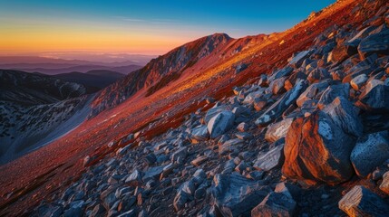 Naklejka premium Sunset over rocky mountains nature landscape photography scenic viewpoint majestic environment