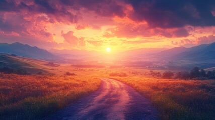 Fototapeta premium Illustration of a straight road leading to a distant target, symbolizing new tasks, hopes, and dreams in a fantasy landscape of transformation.
