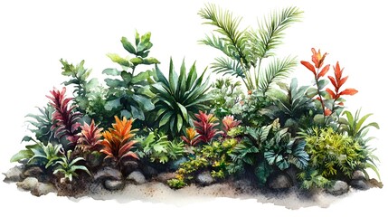 Vibrant Tropical Plant Arrangement in Watercolor Style Featuring Diverse Foliage, Leaves, and Flowers Against a White Background for Design and Decoration Use
