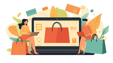 A cheerful portrayal of a shopper navigating through an online store with banners highlighting best-price deals, limited-time offers, and fast delivery options
