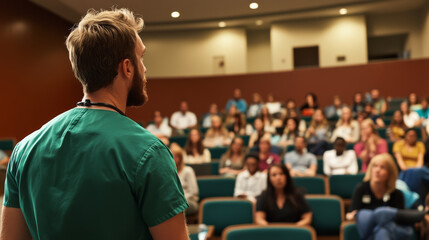 Obraz premium A healthcare professional in green scrubs addresses an attentive audience in lecture hall, conveying important information with confidence and passion