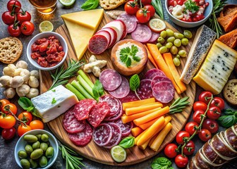Exquisite Gourmet Charcuterie Board Featuring an Array of Meats, Artisanal Cheeses, Fresh Vegetables, and Complementary Accents Perfect for Any Culinary Occasion