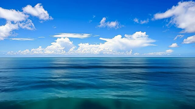 A videograph of a body of water with clouds hovering in the sky above, An endless blue ocean under a clear day sky