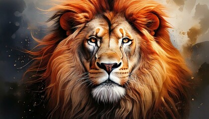 Fantastic, Cinematic, Majestic watercolor lion portrait with flowing golden mane isolated on white with copy space