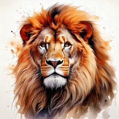 Fantastic, Cinematic, Majestic watercolor lion portrait with flowing golden mane isolated on white with copy space