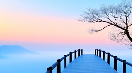 Serene wooden bridge extending into a misty landscape at dawn.