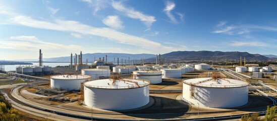 Oil storage tanks in a refinery. Panoramic view of oil storage tanks.