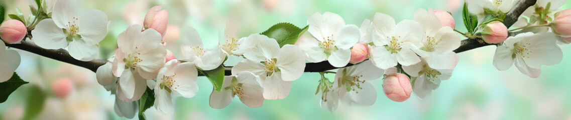 Obraz premium A vibrant spring banner featuring green nature and delicate white flowers, set against a blurred bokeh background. Perfect for seasonal designs with space for text.