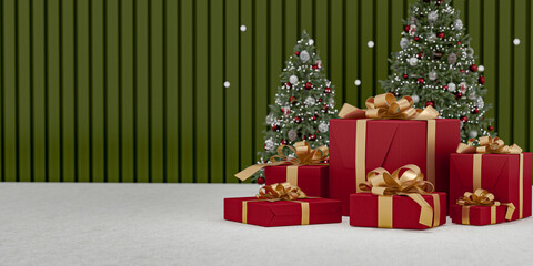 Christmas tree with a gifts isolated on green and white  background.