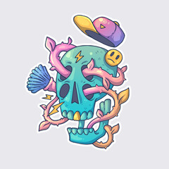 a strange skull with a vine. Cartoon vector character. Trendy style. Vector illustration.
