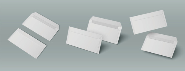 White open and closed blank letter envelop mockup. 3d realistic design of paper mail mock up. Isolated stationery for document or standard message. Long size office postal bill package illustration