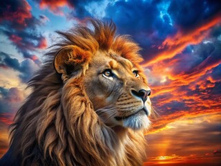 Fiery Mane Lion, Blue Red Background, Rule of Thirds, Majestic Animal Portrait