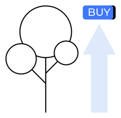 Simplistic decision-making tree with circles and BUY button featuring upward arrow. Ideal for business analytics, decision-making, growth strategies, investment, e-commerce, marketing, education
