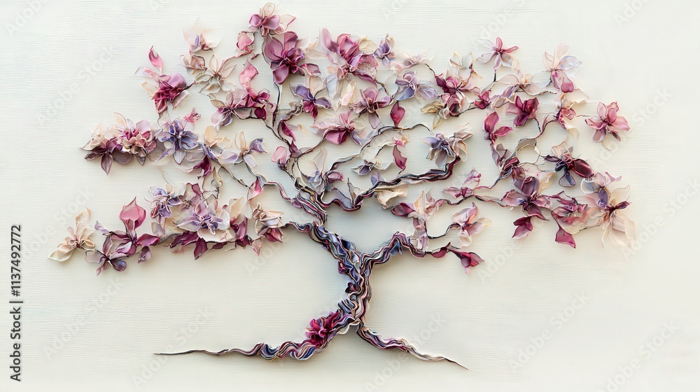 Aufkleber artistic tree design created from layered ribbons studio setting craft artwork vibrant colors close-