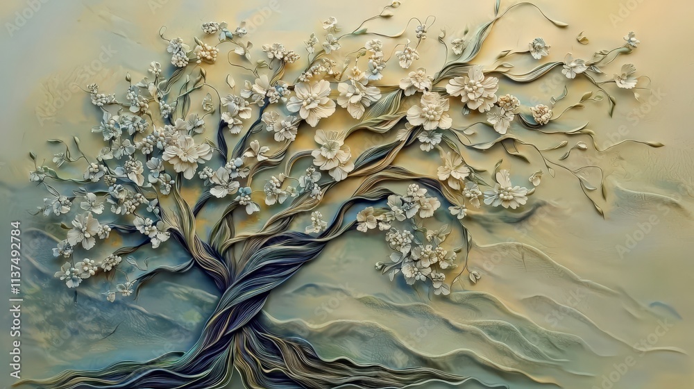 Poster artistic tree sculpture made from layered ribbons floral details abstract environment unique viewpoi
