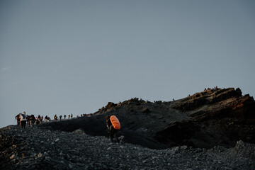 Crowds of hikers on Mount Rinjani on the island of Lombok in Indonesia