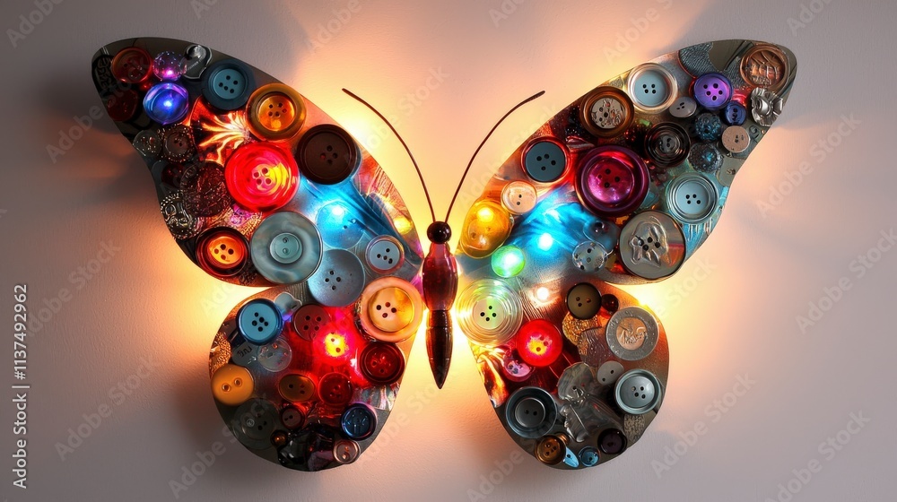Poster creative butterfly design made from iridescent buttons art installation indoor space vibrant colors 