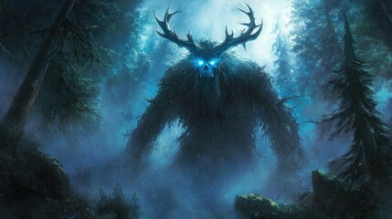 Mystical creature in foggy forest