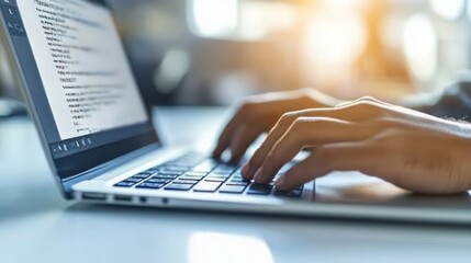 Close-up of hands typing on laptop with code on screen.