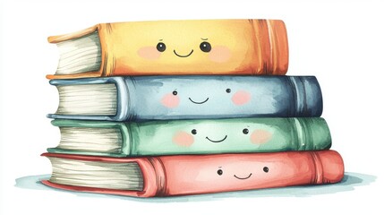 A cheerful stack of colorful books with smiling faces, perfect for promoting reading and positivity in education.