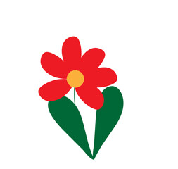 the red flower is large with green leaves on a white background,