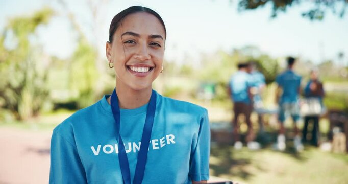 Happy woman, volunteer and tablet with team for community service, non profit or charity in nature. Portrait, female person or coordinator with smile for support, food supplies or social outreach