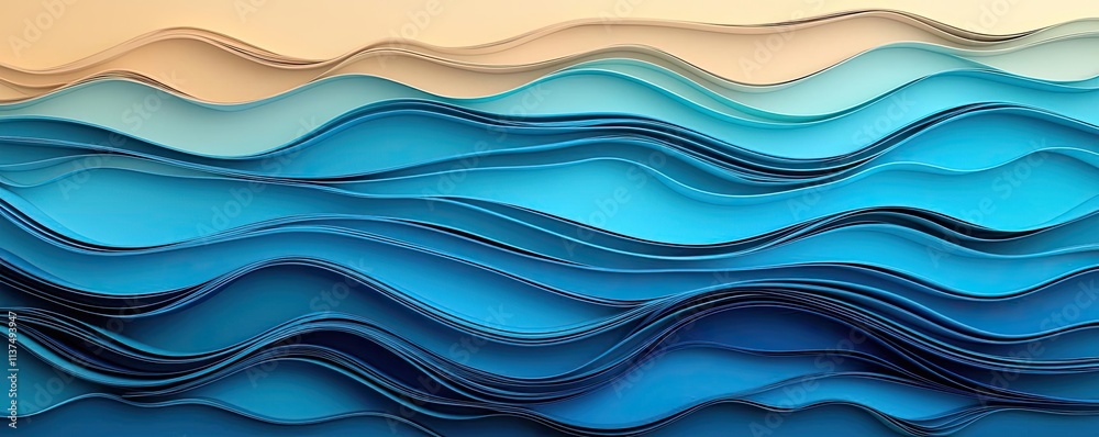 Poster Wave abstract background concept. Beautiful layered waves in shades of blue create a serene and calming visual effect.