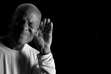 suffering from deafness and hearing loss on grey background with people stock image stock photo	