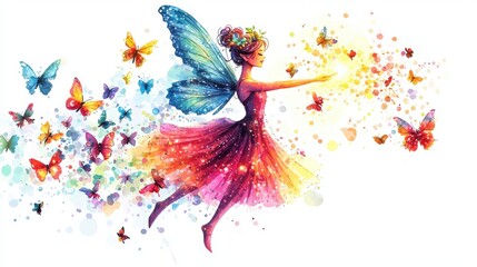 Obraz premium A vibrant fairy surrounded by colorful butterflies, embodying magic and enchantment in a whimsical art style.