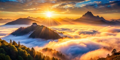 Naklejka premium Foggy Mountain Landscape Sunrise Photography, Misty Peak Dawn, Scenic Mountain View, Breathtaking Alpine Scenery, Majestic Mountain Range