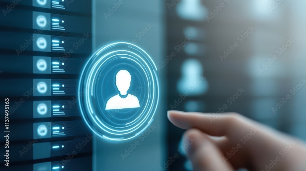 Poster humancomputer interaction, person activates button on a computer interface, highlighting technologic