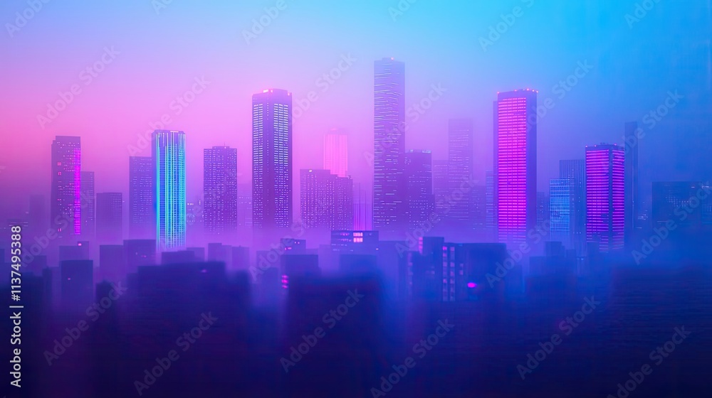 Poster mysterious fog idea. a vibrant city skyline illuminated in neon colors, enveloped in soft, ethereal 
