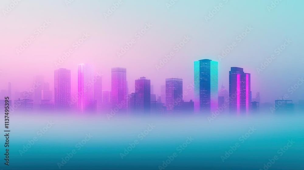 Poster mysterious fog idea. a vibrant urban skyline illuminated in soft pastel colors during twilight.