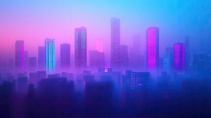 Fototapeta premium Mysterious fog idea. A vibrant city skyline illuminated in neon colors, enveloped in soft, ethereal fog.