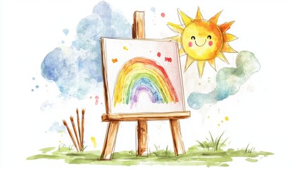 A vibrant watercolor painting of a rainbow on an easel under a joyful sun, embodying creativity and happiness in art.
