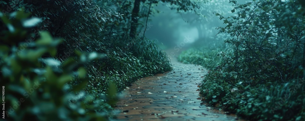 Poster mysterious fog idea. mist enveloped pathway through lush greenery, inviting tranquility and connecti