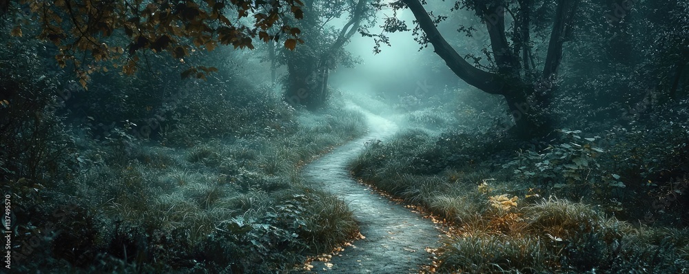 Poster Mysterious fog idea. Mysterious forest path shrouded in fog, inviting exploration and adventure.