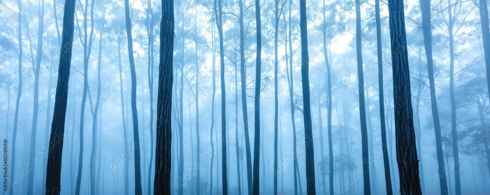 Poster mysterious fog idea. a tranquil blue forest scene with tall, slender trees shrouded in soft mist.