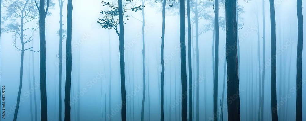 Poster Mysterious fog idea. Misty forest landscape with tall trees creating a serene and tranquil atmosphere.