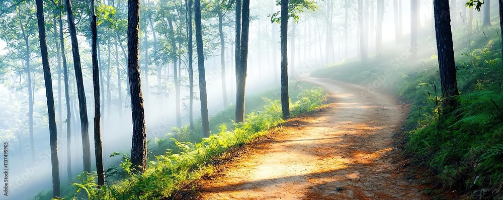 Poster mysterious fog idea. a serene forest path with misty surroundings, inviting nature lovers to explore