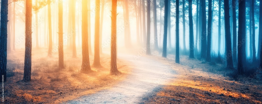 Poster Mysterious fog idea. A serene forest path illuminated by warm sunlight through the trees, creating a magical atmosphere.
