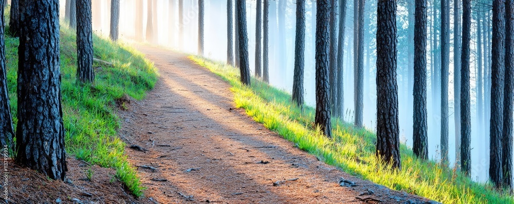 Poster Mysterious fog idea. Serene forest path winding through tall trees, illuminated by soft morning light.