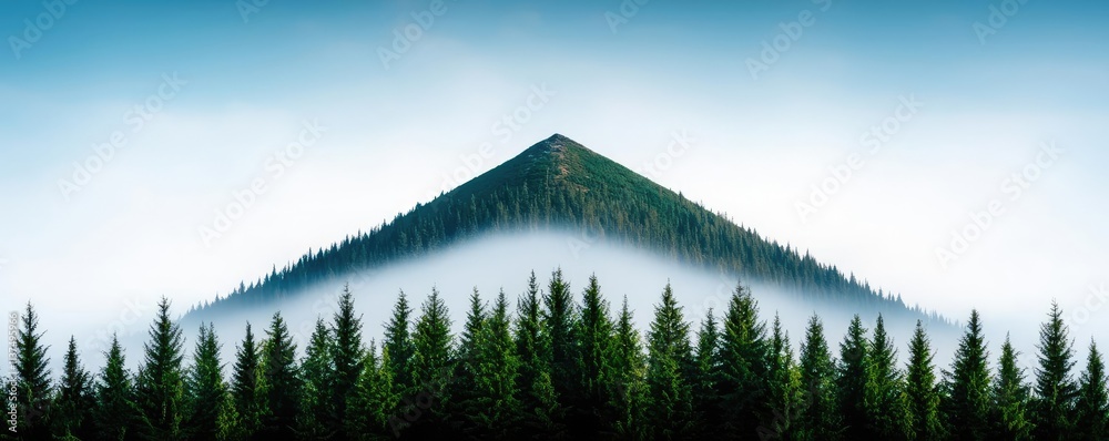 Poster Mysterious fog idea. Breathtaking view of a triangular mountain peak surrounded by misty green forests.
